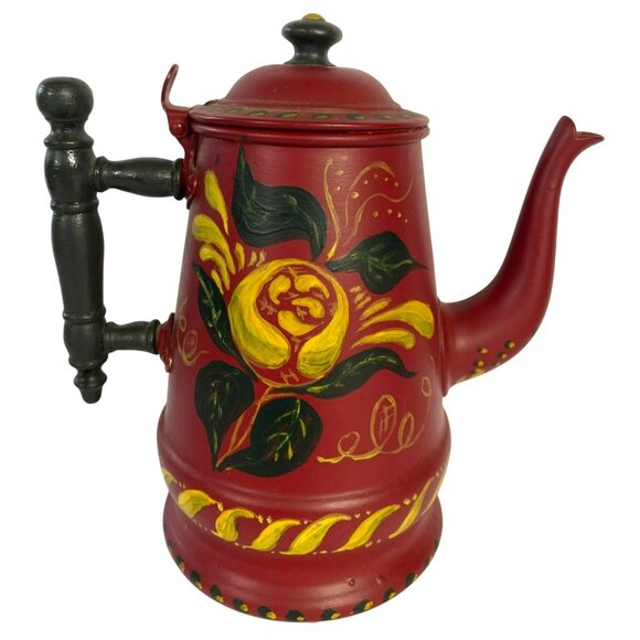 Pennsylvania Toleware Coffee Pot 19th C Dutch Painted Red Tole Folk Art Antique - Picture 1 of 8